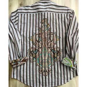 Robert Graham Shirt Multicolor Blue Striped ButtonUp Flip Cuff Paisley Men's 2XL